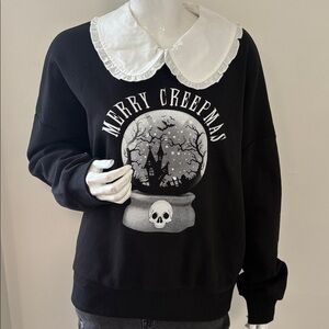 Dolls Kill Brand The Grave Girls Black Graphic Sweater w White Peter Pan Collar
